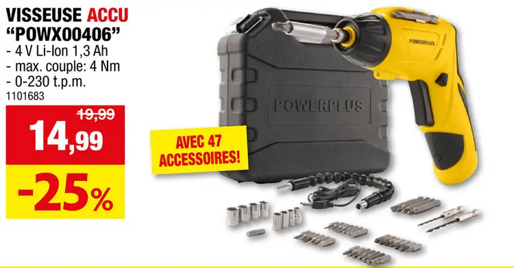 Offre: Powerplus POWX00406 visseuse sans fil 4V Li-Ion + 47 accessoires + coffre