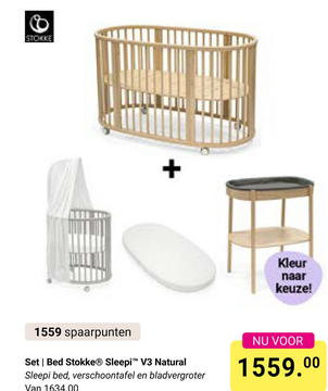 Aanbieding: Set | Bed Stokke® Sleepi™ V3 Natural + Verschoontafel incl. Matras, Piekstok en Sluier + Bladvergroter