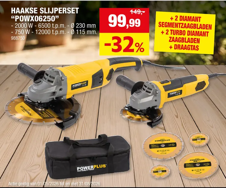 Promotie: Powerplus POWX06250 haakse slijper 2000W 230mm + 750W 115mm
