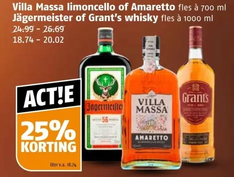 Aanbieding: Villa Massa limoncello of Amaretto, Jägermeister of Grant's Whisky