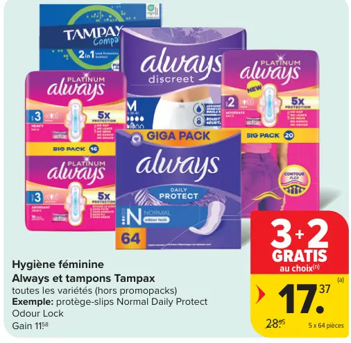 Offre: Hygiène féminine Always et tampons Tampax