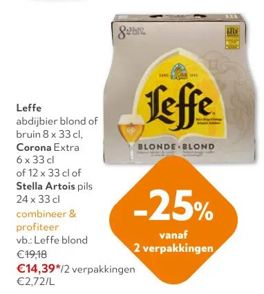 Promotie: Leffe abdijbier blond of bruin, Corona Extra of Stella Artois pils