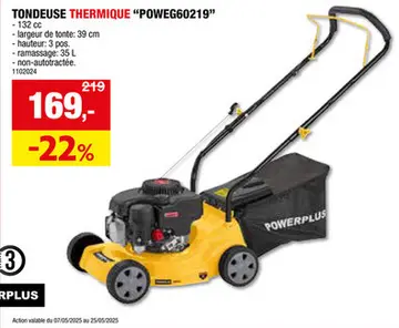 Offre: Powerplus EG POWEG60219 tondeuse thermique 132cc 39cm