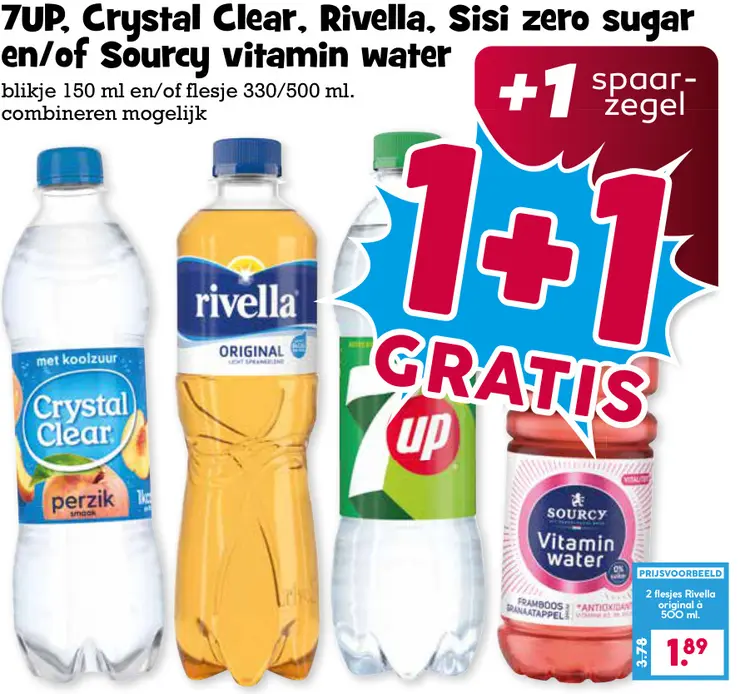 Aanbieding: 7UP, Crystal Clear, Rivella, Sisi zero sugar en/of Sourcy vitamin water