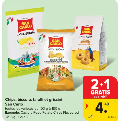 Offre: Chips, biscuits taralli et grissini San Carlo