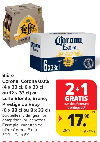 Offre: Bière Corona, Corona 0,0% ou Leffe Blonde, Brune, Prestige ou Ruby