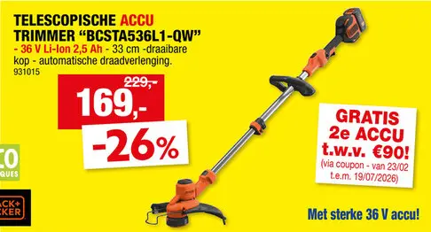 Promotie: Black+Decker BCSTA536L1-QW accu trimmer 36V Li-Ion 33cm