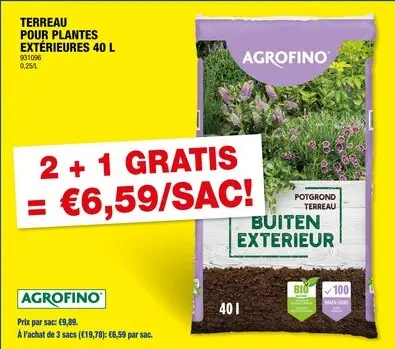 Offre: Agrofino terreau pour plantes d'extérieur 40l