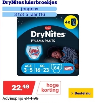 Aanbieding: DryNites luierbroekjes - jongens - 3 tot 5 jaar (16 - 23 kg) - 64 stuks - extra voordeel