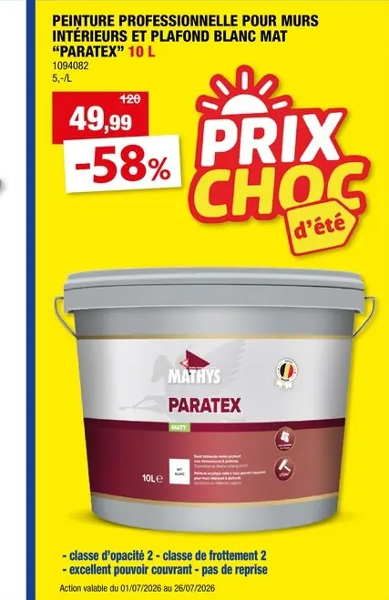 Offre: Mathys Paratex peinture professionnelle murs et plafonds 10l blanc mat