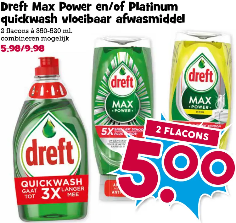 Aanbieding: Max Power en/of Platinum quickwash vloeibaar afwasmiddel