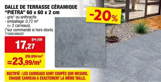 Offre: Pietra dalle de terrasse céramique 60x60x2 cm 0,72m² 2 pièces anthracite