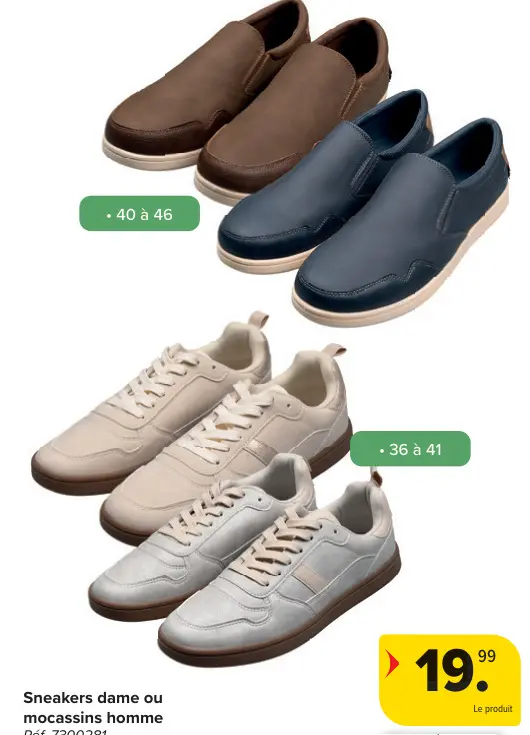 Offre: Sneakers dame ou mocassins homme
