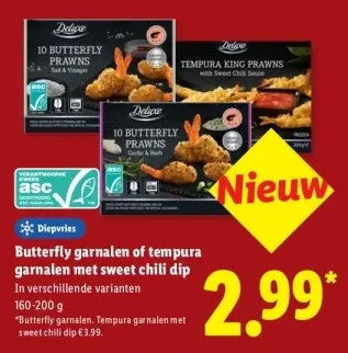 Aanbieding: Butterfly garnalen of tempura garnalen met sweet chili dip