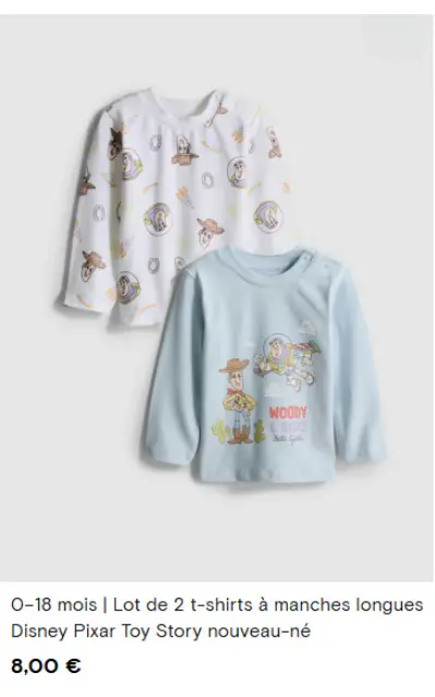 Offre: Lot de 2 t-shirts à manches longues Disney Pi
