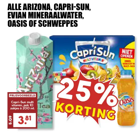 Aanbieding: Alle Arizona, Capri-Sun, Evian Mineraalwater, Oasis of Schweppes