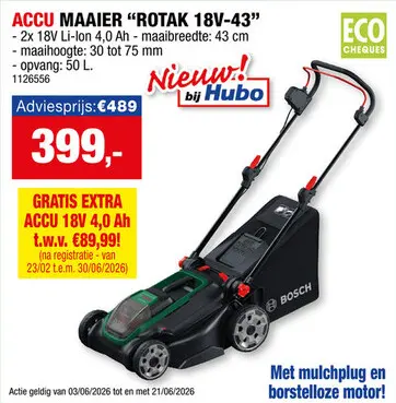 Promotie: Bosch Rotak 18V2-43 accu grasmaaier 2x18 V Li-Ion 43cm + 2 accu's en 1 lader
