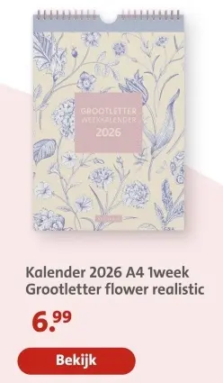 Aanbieding: Kalender 2026 A4 1week Grootletter flower realistic