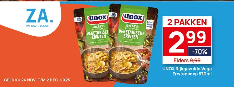 Aanbieding: 2 zakken UNOX Rijkgevulde Vega Erwtensoep 570ml