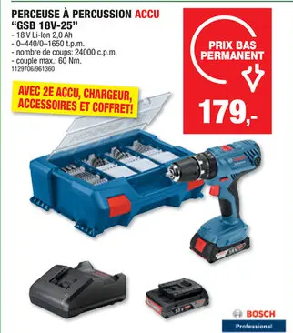 Offre: Bosch Professional GSB18V-25 perceuse-visseuse à  percussion sans fil 18V Li-Ion + 2 batteries + chargeur