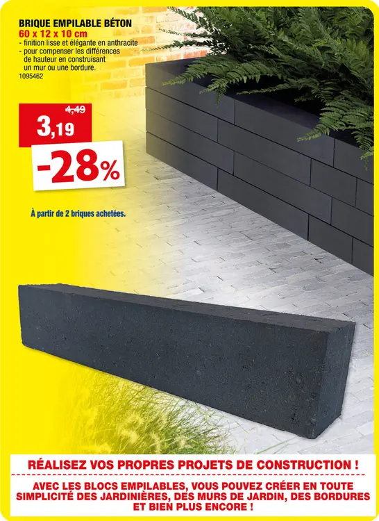 Offre: brique empilable béton 60x12x10 cm anthracite