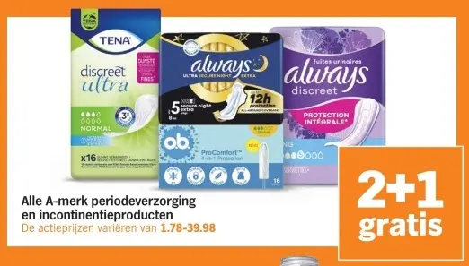 Aanbieding: Alle A-merk periodeverzorging en incontinentiieproducten