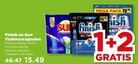 Aanbieding: Finish en Sun Vaatwascapsules