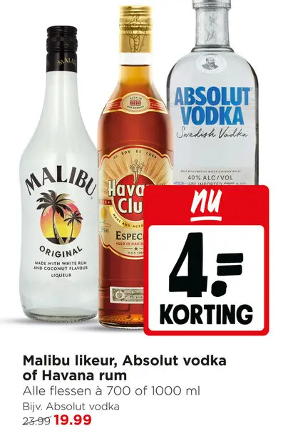 Aanbieding: Malibu likeur, Absolut vodka of Havana rum