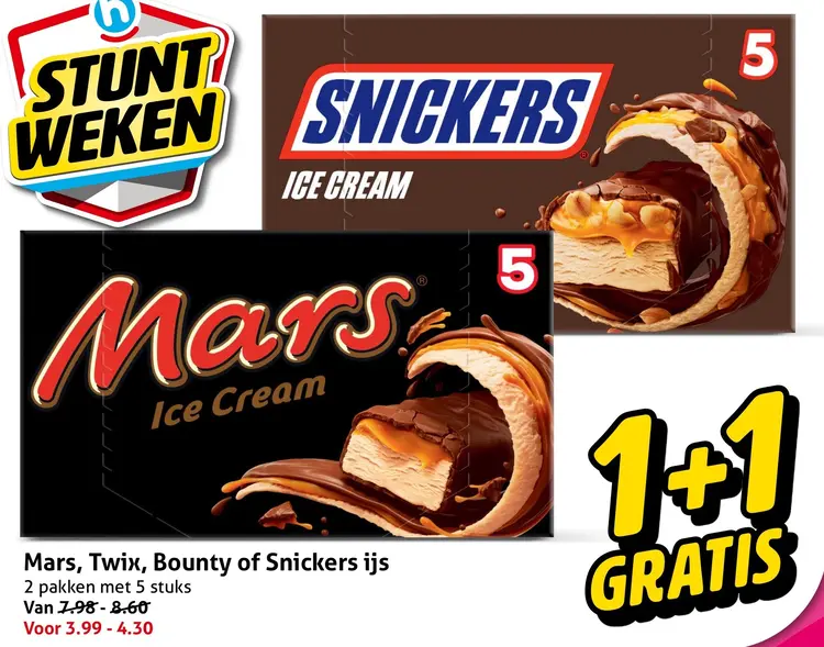 Aanbieding: Mars, Twix, Bounty of Snickers ijs