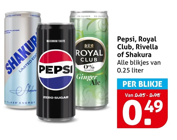 Aanbieding: Pepsi, Royal Club, Rivella of Shakura