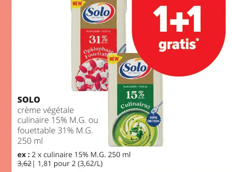 Offre: Crème végétale culinaire 15% M.G. ou fouettable 31% M.G.