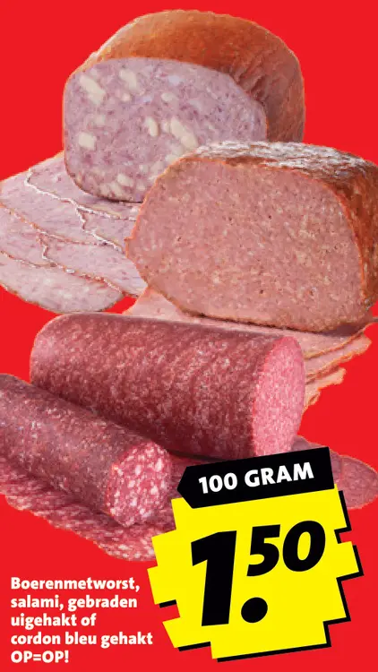Aanbieding: Boerenmetworst, salami, gebraden uigehakt of cordon bleu gehakt