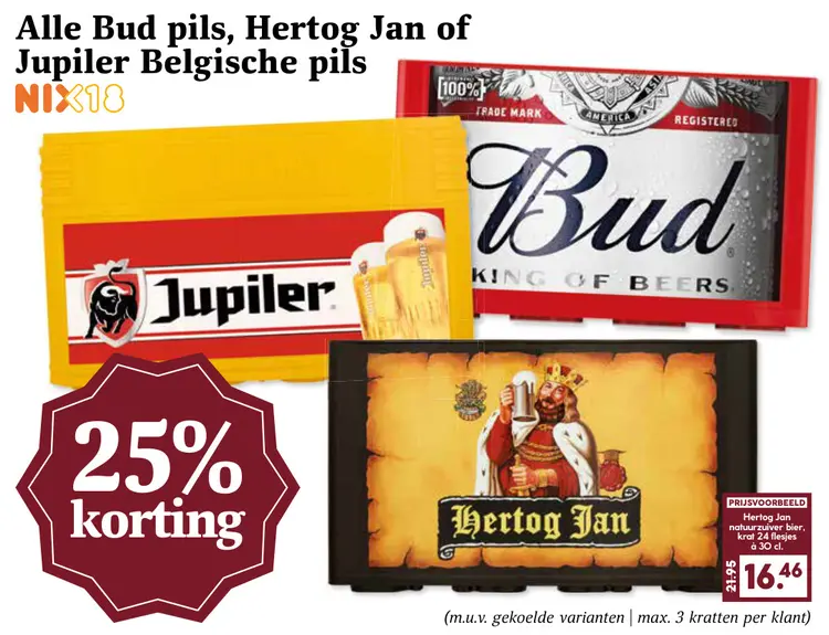 Aanbieding: Alle Bud pils, Hertog Jan of Jupiler Belgische pils