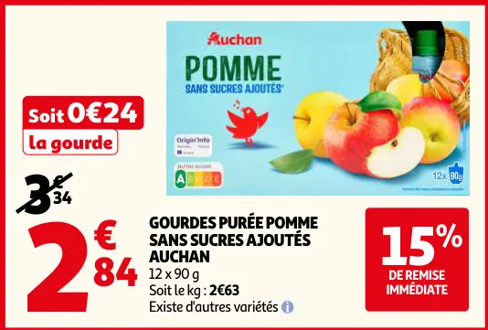 Offre: Gourdes purée pomme sans sucres ajoutés