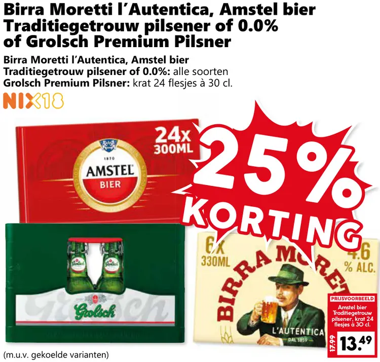 Aanbieding: Birra Moretti l'Autentica, Amstel bier Traditiegetrouw pilsener of 0,0% of Grolsch Premium Pilsner