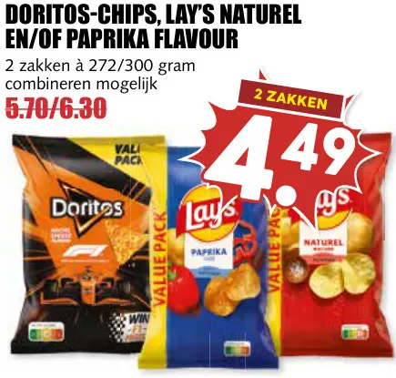 Aanbieding: Doritos-Chips, Lay's Naturel En/of Paprika Flavour