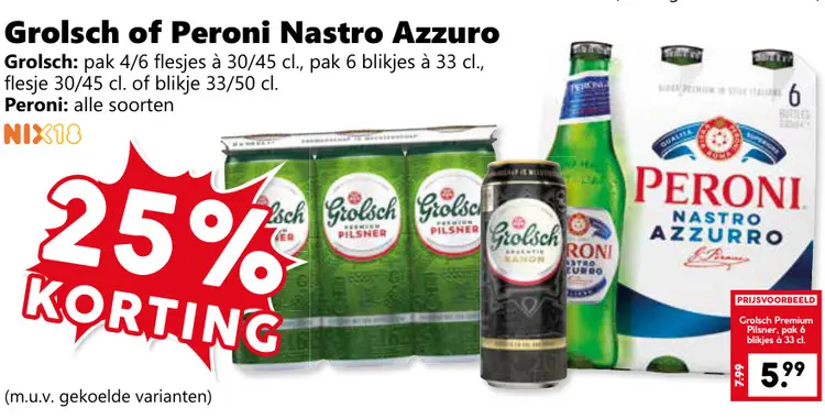 Aanbieding: Grolsch of Peroni Nastro Azzuro