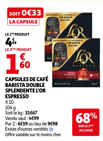 Offre: Capsules de café barista double splendente L'