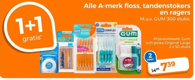 Aanbieding: Alle A-merk floss, tandenstokers en ragers