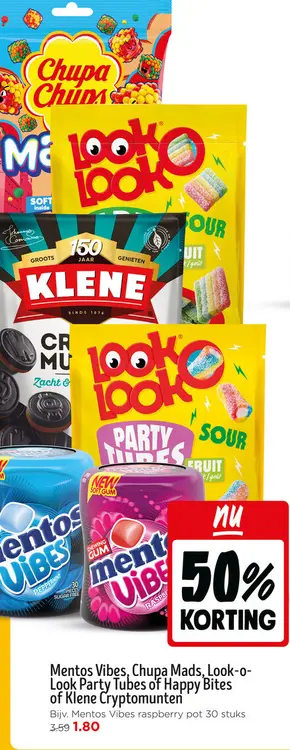 Aanbieding: Mentos Vibes, Chupa Mads, Look-o-Look Party Tubes of Happy Bites of Klene Cryptomunten
