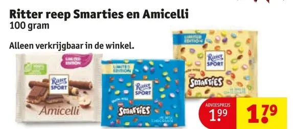 Aanbieding: Ritter reep Smarties en Amicelli