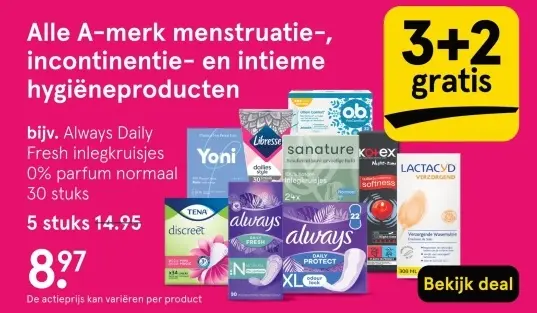 Aanbieding: Alle A-merk menstruatie-, incontinentie- en intieme hygiëneproducten