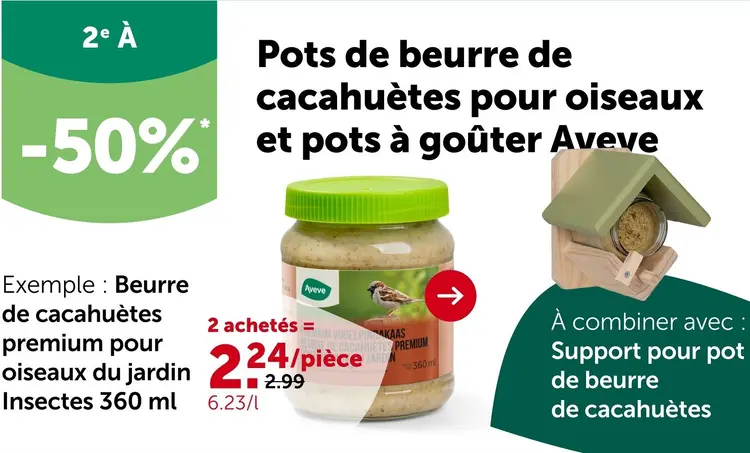 Offre: Pots de beurre de cacahuètes pour oiseaux et pots à goûter