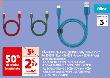 Aanbieding: CÂBLE DE CHARGE QILIVE USB/USB-C 2m