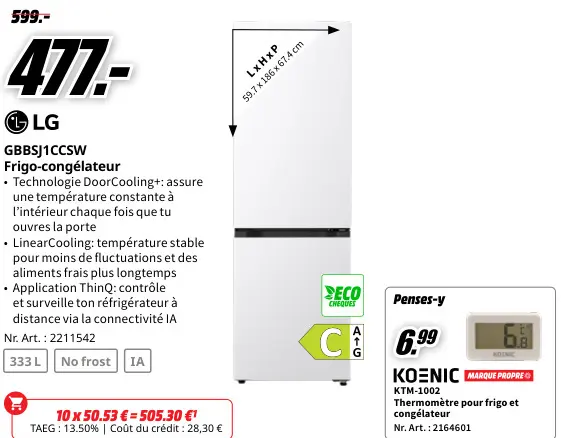 Offre: LG GBBSJ1CCSW Frigo-congélateur