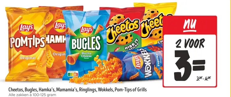 Aanbieding: Cheetos, Bugles, Hamka's, Mamamia's, Ringlings, Wokkels, Pom-Rips of Grills