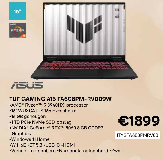 Aanbieding: Tuf gaming a16 fa608pm-rv009w