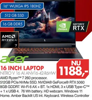 Aanbieding: 16 inch laptop nitro v 16 ai anv16-42-r6hw