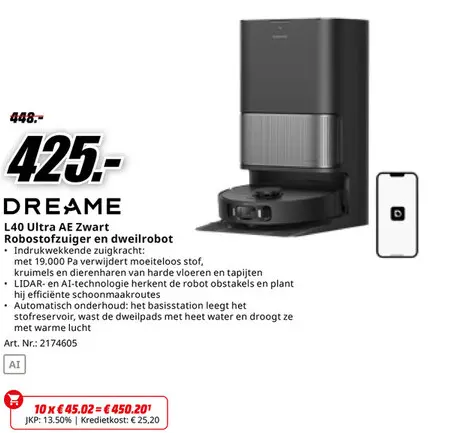 Promotie: L40 Ultra AE Zwart Robostofzuiger en dweilrobot