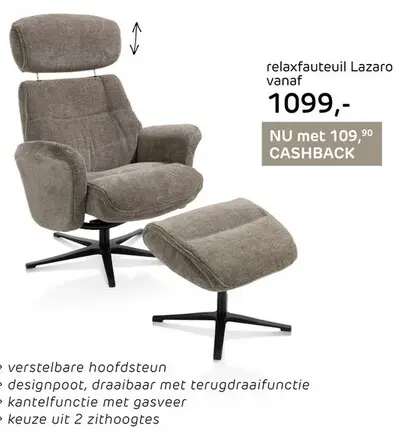 Aanbieding: Lazaro, relaxfauteuil (incl. poef) - stof Livigno - bruin